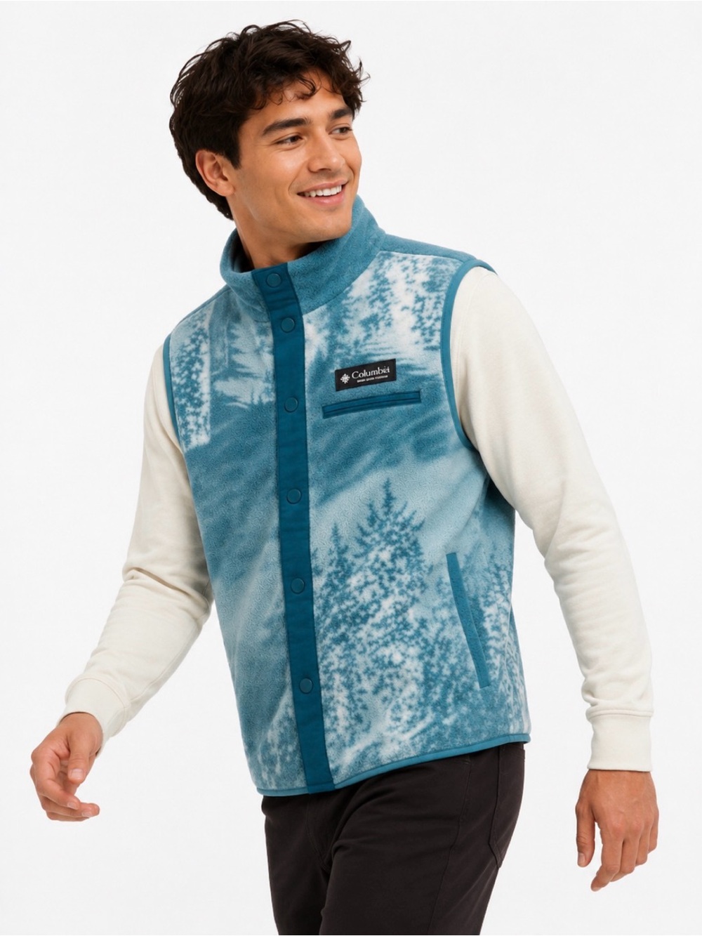 Columbia, Helvetia vest ski print blue button front Sherpa Size, M